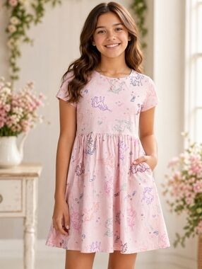 Girls Wonder Nation Unicorn Print Dress XL 14/16 Pink Short Sleeve Pocket Dress